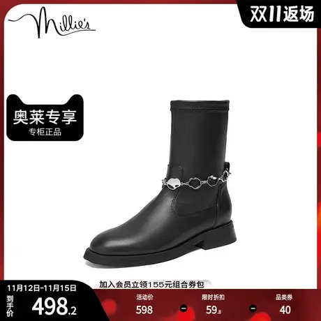 millie's妙丽冬季新款牛皮时尚简约方跟女中靴89001DZ2图片