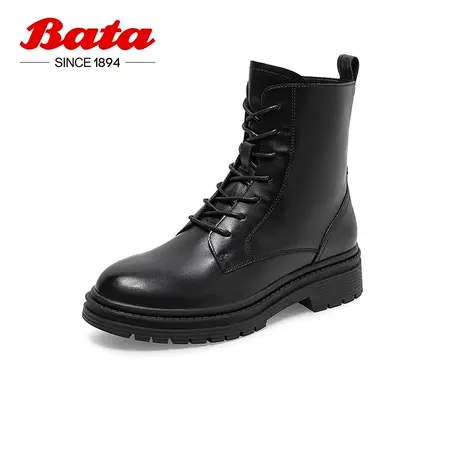 Bata马丁靴女鞋冬季商场新款百搭真牛皮粗跟厚底短筒靴95273DD1商品大图