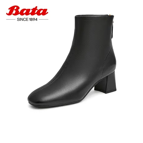 奥莱Bata时尚瘦瘦靴女冬商场新款通勤粗跟百搭羊皮短筒靴ATI40DD2商品大图