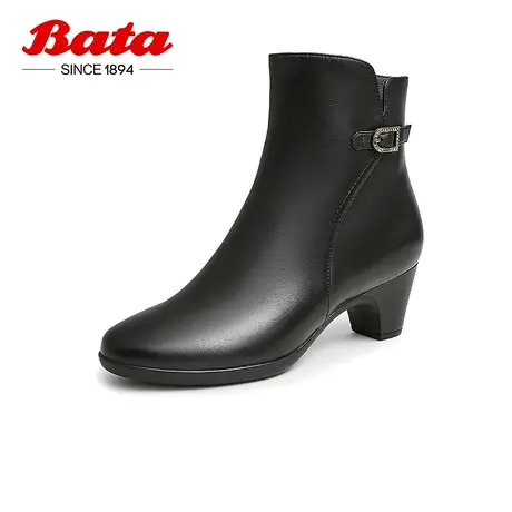 奥莱Bata时装靴女冬商场新款粗跟软底羊皮舒适通勤短筒靴AQ771DD2商品大图
