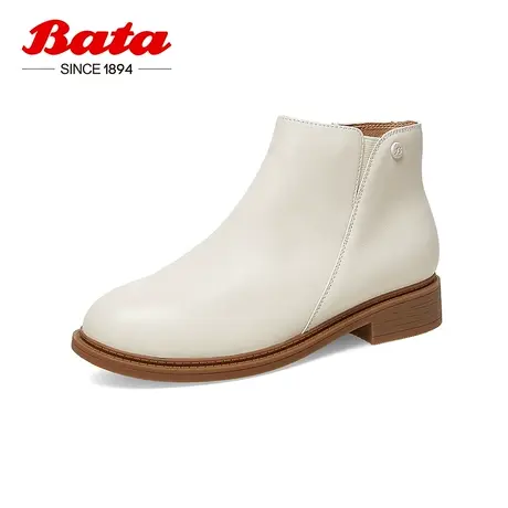Bata时装靴女2022冬商场新款百搭英伦牛皮通勤简约短筒靴VDV04DD2图片