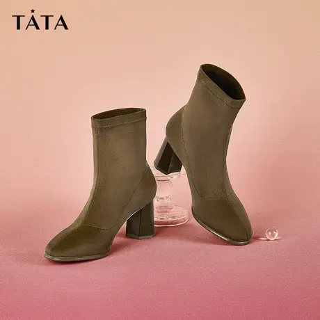 Tata他她商场新款纯色百搭通勤短靴女高跟时装靴2023冬季WDS03DD2商品大图