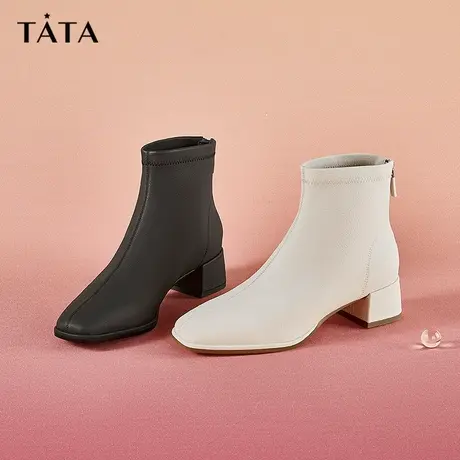 Tata他她白色弹力时装靴短靴冬加绒瘦瘦靴女靴2023新款商品大图