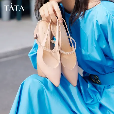 Tata他她一字带高跟鞋包头粗跟凉鞋女复古单鞋2023夏新款7RZ02BH2商品大图