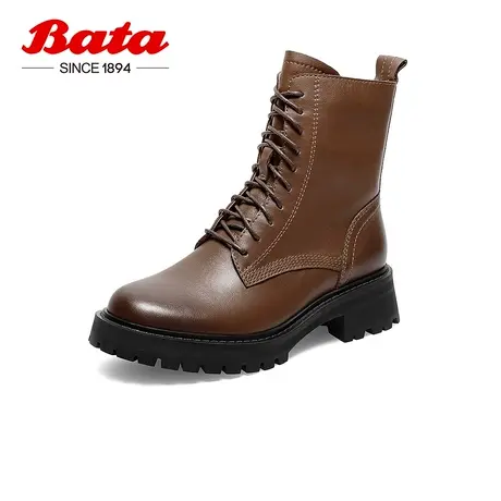 Bata厚底马丁靴女鞋冬季商场新款英伦真牛皮粗跟短筒靴WIG07DZ1商品大图